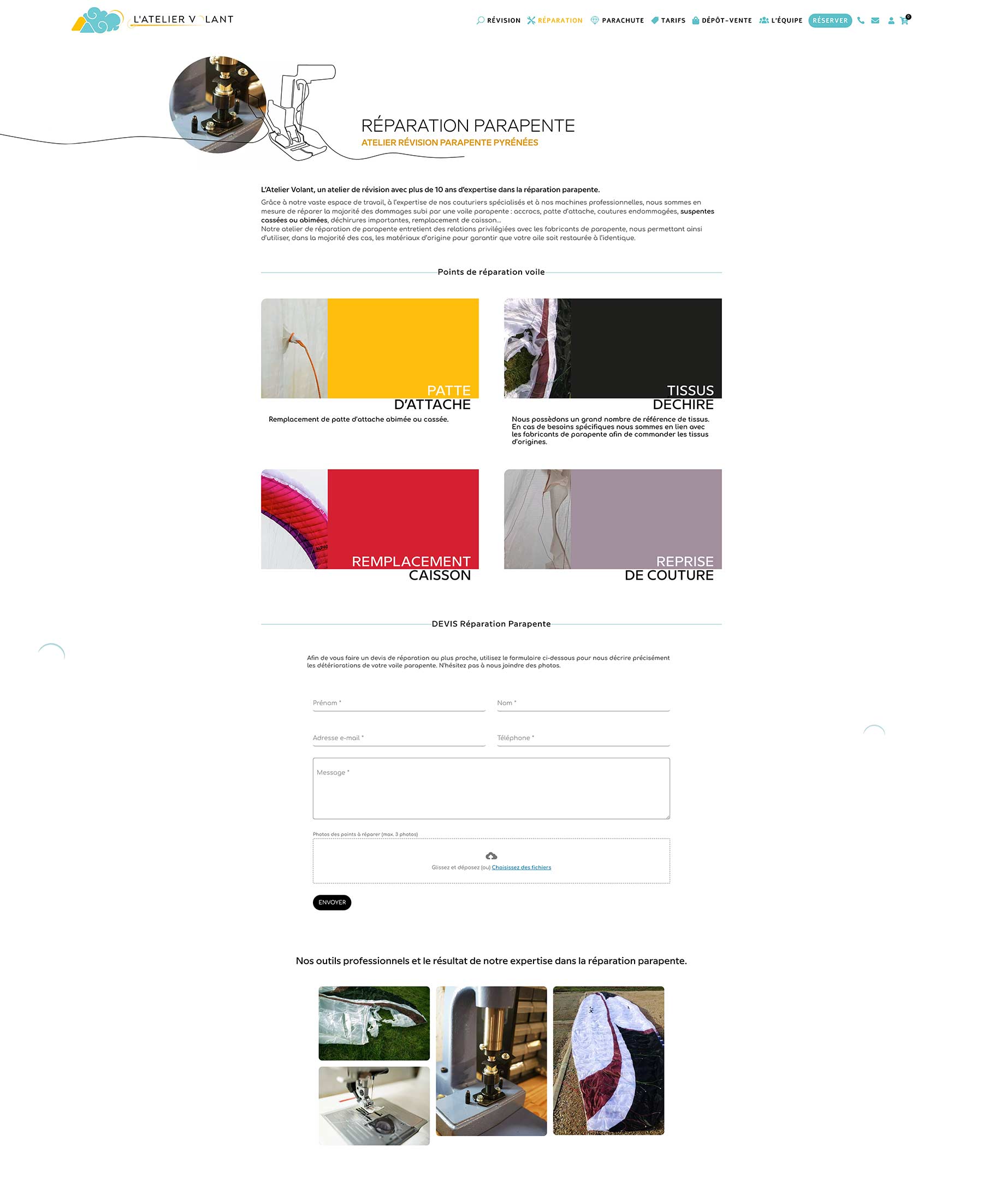 Page site ateliervolant.fr, atelier de révision et réparation parapente
